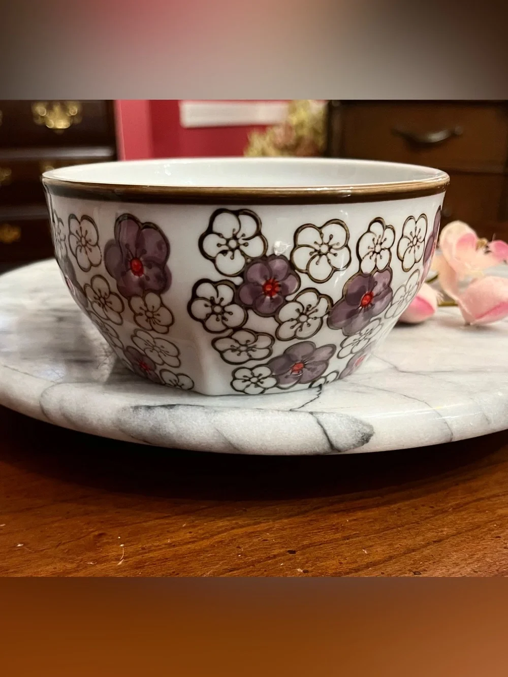 Yokohama Studio Japan Hand Painted Textured Floral Purple Blossom Ceramic Bowl